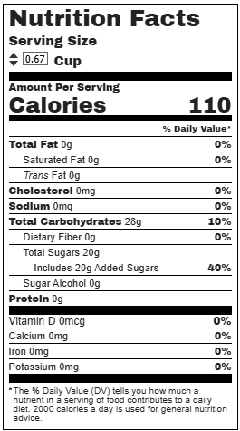 Sorbet nutrition label